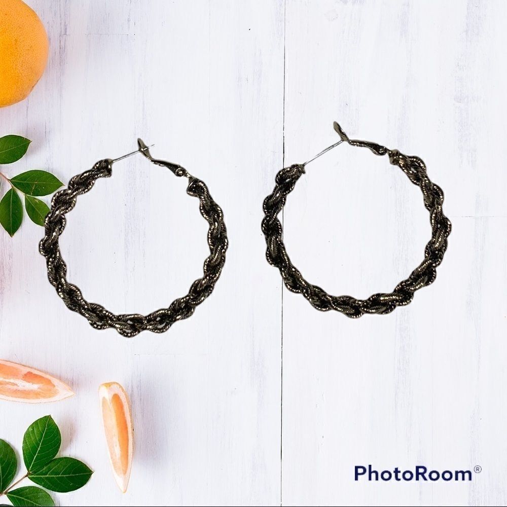 Black & Gold braided Hoop earrings 1.5”